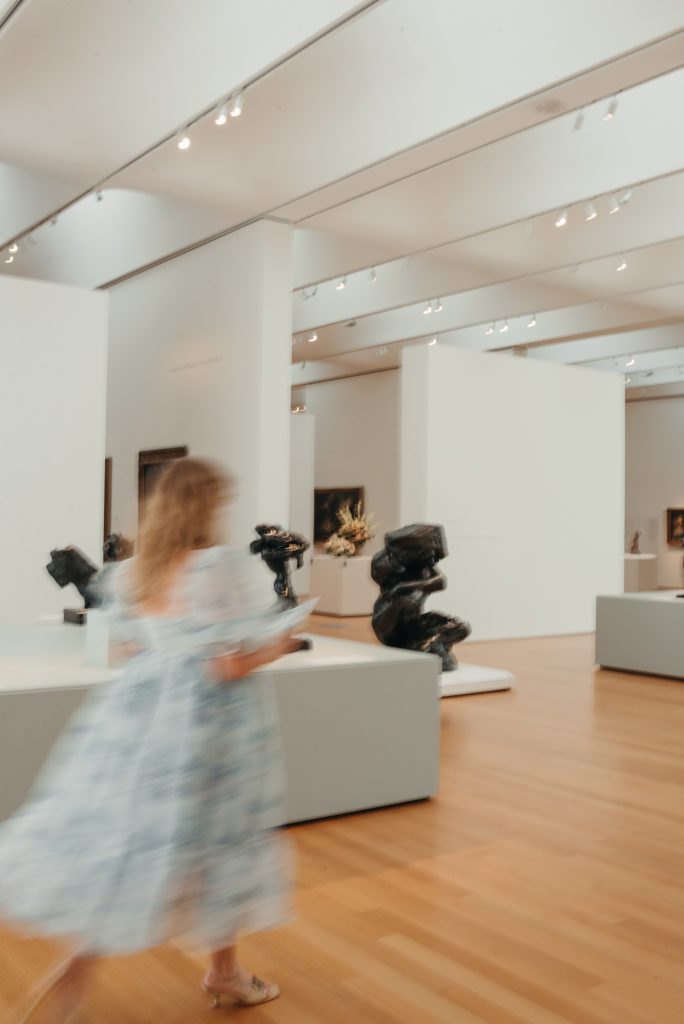 Woman in PNC NCMA Art in Bloom in Selkie La Belle Etoile French Puff Dress