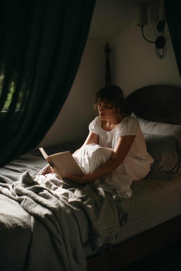 Pride and Prejudice and Little Women inspired cottagecore photography with books and vintage nightgown